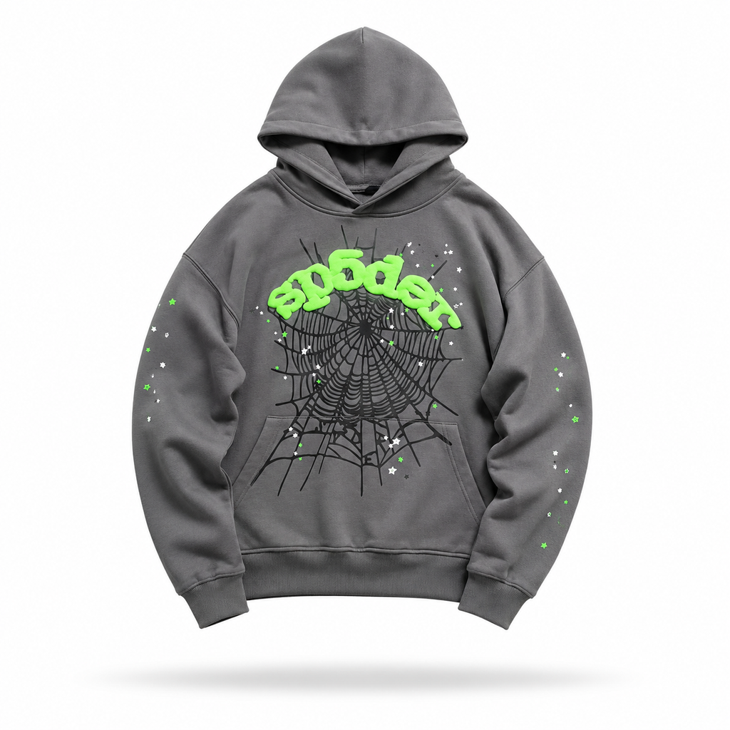 Sp5der Worldwide Web Hoodie Heather Grey / Slime Green
