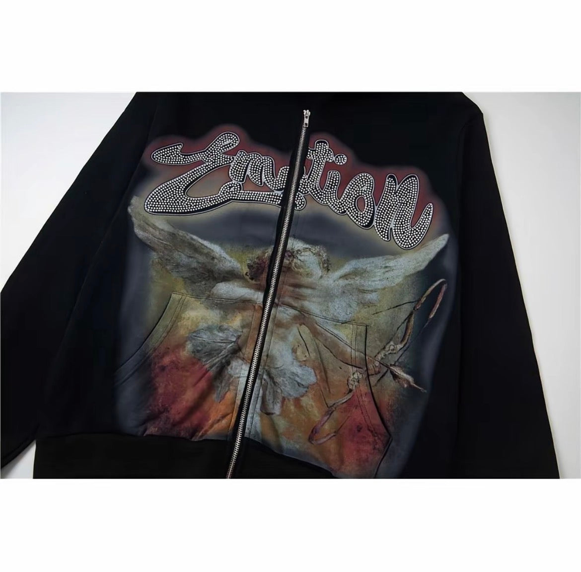 Emotion Angel Rhinestone Zip Hoodie – Black