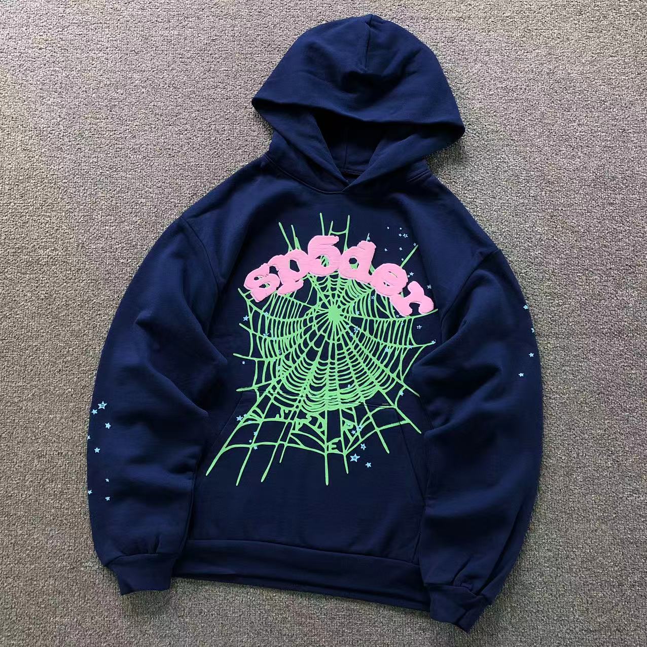 Sp5der P*nk Hoodie (Navy Blue/Green Web)⁠