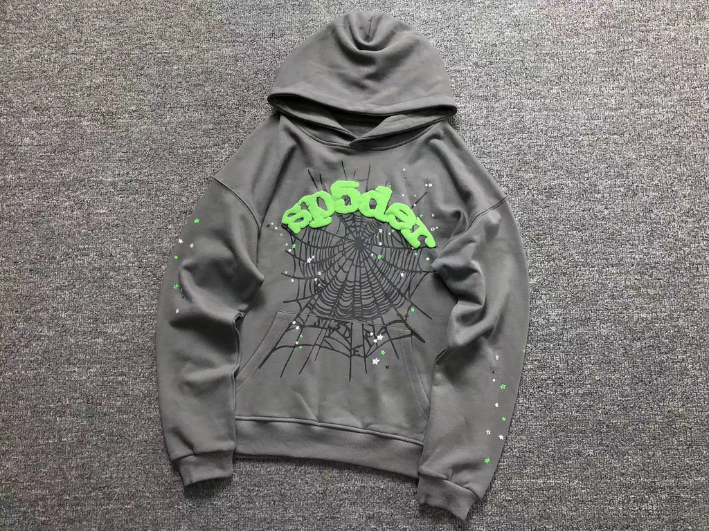 Sp5der Worldwide Web Hoodie Heather Grey / Slime Green