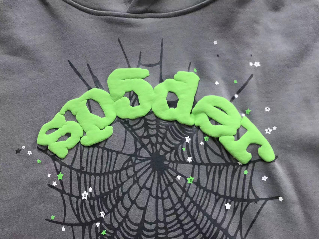 Sp5der Worldwide Web Hoodie Heather Grey / Slime Green