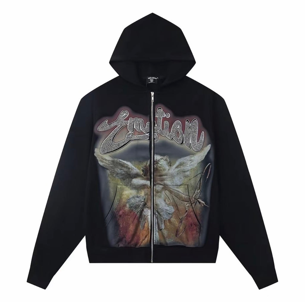 Emotion Angel Rhinestone Zip Hoodie – Black