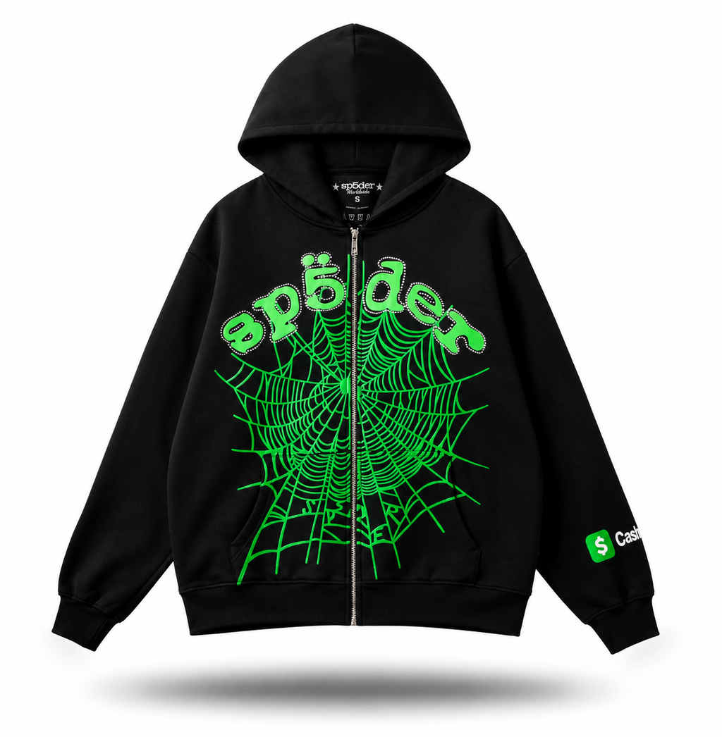 Sp5der Slime Green Web Full-Zip Hoodie / Black